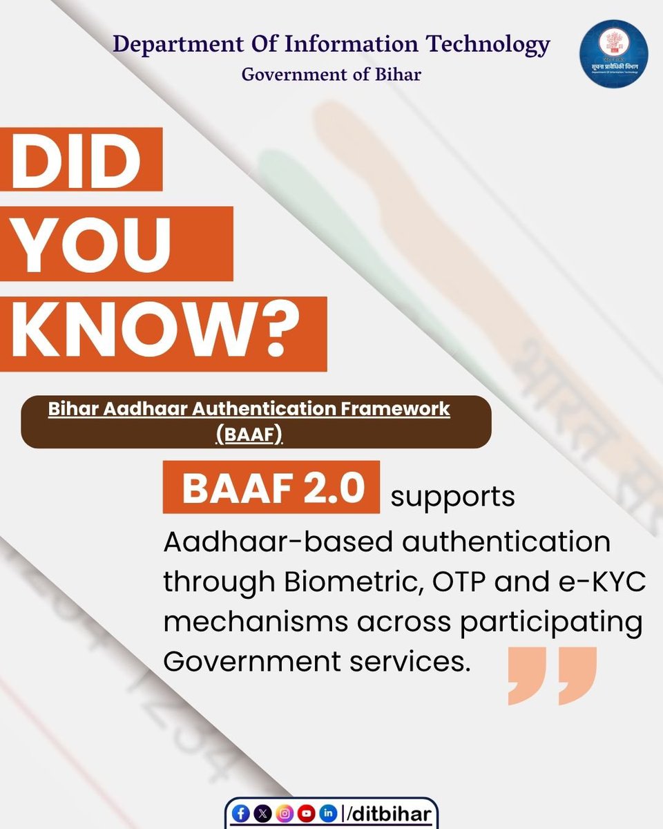 DitBihar's tweet photo. DID YOU KNOW?

Your access to government services is getting simpler, faster and more secure! 

With the Bihar Aadhaar Authentication Framework (BAAF) 2.0, participating Government services can use Aadhaar based authentication through Biometric, OTP and e-KYC mechanisms.

Easy verification, Easier access to services. 

@mishranitish
@AbhaySinghIAS
@UIDAI
@_DigitalIndia

#BAAF20 #DigitalBihar #Bihar #Aadhaar #DigitalGovernance