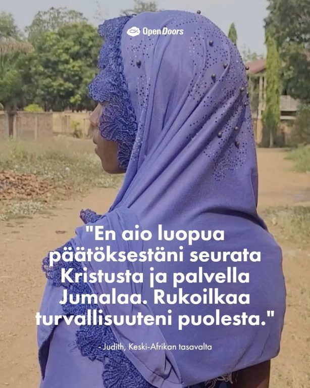 opendoorsfi's tweet photo. Judith tarvitsee rukoustamme Keski-Afrikan tasavallassa.
Rukoillaan suojelua, toivoa ja voimaa hänelle tänään. 🙏
https://t.co/Jhul3x0HqB
#OpenDoors #rukous #uskonnonvapaus https://t.co/TROz5Z5CUb