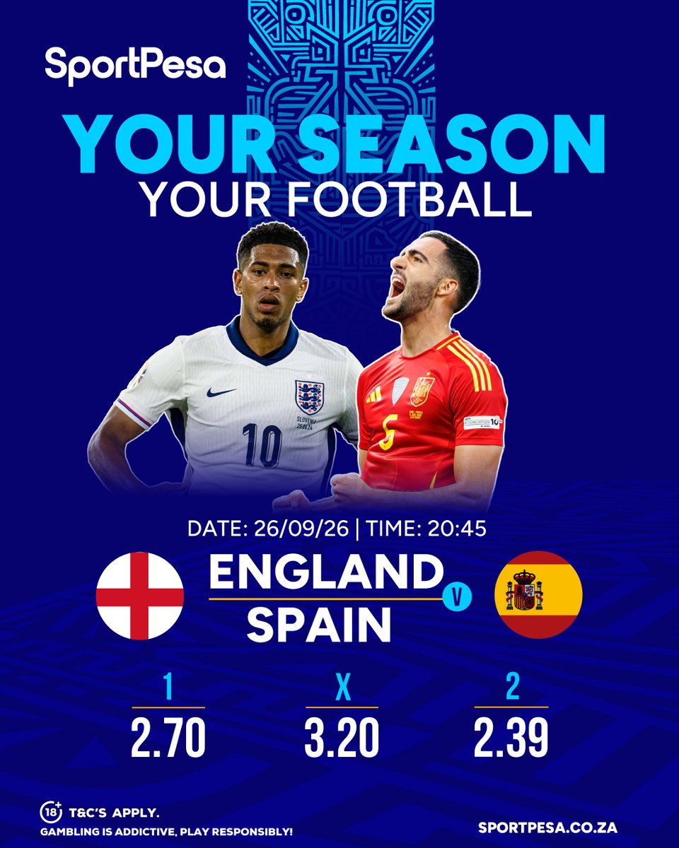 SportPesaSA's tweet photo. Coming off a high-scoring third-place finish at the 2026 FIFA World Cup to host the World Champions at Wembly!⚽

Your season, Your predictions on https://t.co/lwqQgVA1hM📲

England 🆚 Spain
🗓️: 26 September 2026
⏰: 20h45

#SportPesaSA #MakeItCount | #UEFAChampionsLeague https://t.co/Bje1fw9mbN