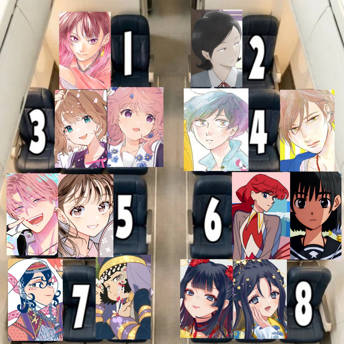 Furubafani's tweet photo. 8 hours flight and you can choose any seat you want, where do you sit??? 

Favorite 2026 anime characters version https://t.co/IR3JgPQrhu