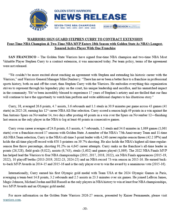 WarriorsPR's tweet photo. Warriors sign guard Stephen Curry to contract extension: https://t.co/ONPsn75lT4