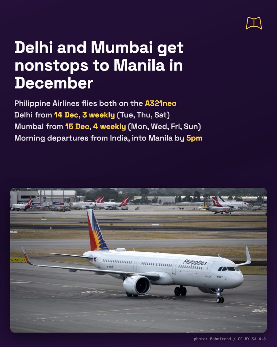 MagnifyClub's tweet photo. Philippine Airlines is putting Manila one flight away from India: Delhi from 14 Dec, 3 times a week, and Mumbai from 15 Dec, 4 times a week, both on the A321neo. Delhi last saw the airline in 2013, and back then the flight stopped in Bangkok. https://t.co/vdOoxM0Bcl