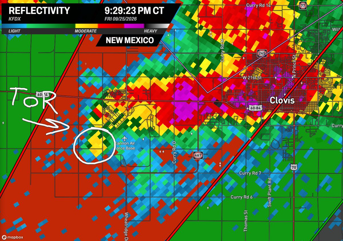 MaxVelocityWX's tweet photo. TORNADO IN PROGRESS near Clovis, New Mexico, approaching the Cannon Air Force Base!

Take shelter if you're in this warning! @WxFront https://t.co/ToSkvYL7g4
