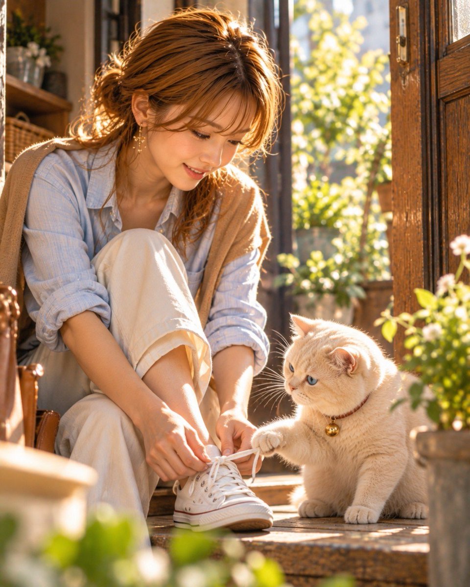 CafeMame_jp's tweet photo. ほどけない朝

靴ひもを結ぶ手に ちいさな前足
出かける前の数秒が いちばん愛しい

#AIart #AIphotography https://t.co/nVLRoiFGEx