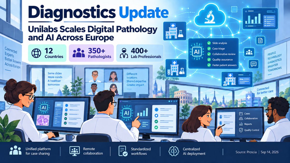 SmartLabDx86's tweet photo. Diagnostics Update | Unilabs Expands Digital Pathology and AI Across Europe

Unilabs is scaling a unified digital pathology platform across its European network, connecting 350+ pathologists and 400+ laboratory professionals across 12 countries.

The platform supports case sharing, remote collaboration, workflow standardization, workload distribution, and centralized deployment of AI applications. Several countries are already using it for routine diagnostic workflows, with further expansion planned through 2026.

The move reflects a broader shift in laboratory medicine: from isolated AI tools toward integrated, multi-site digital infrastructure that embeds AI into real-world clinical workflows.

Source: Proscia, September 14, 2026
https://t.co/Vtf0emJFnv

#DigitalPathology #LaboratoryMedicine #AI #DigitalHealth #PrecisionMedicine