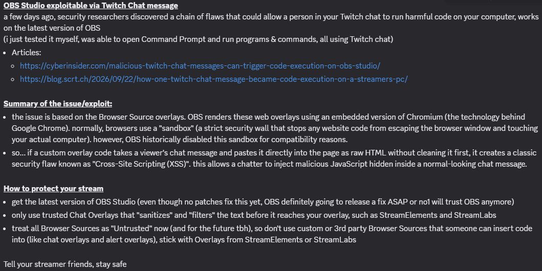 EyeOnComputing's tweet photo. OBS Studio exploitable via Twitch Chat message  
- a few days ago, security researchers discovered a flaw that could allow a person in your Twitch chat to run harmful code on your computer, works on the latest version of OBS

Links:
https://t.co/X1qOAsd3n3
https://t.co/afrJM3oKV5 https://t.co/TtfffNTVQM