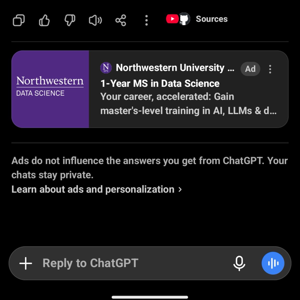 Sayan_v0's tweet photo. ChatGPT started showing me ads now 😭 https://t.co/xhN94GvAny