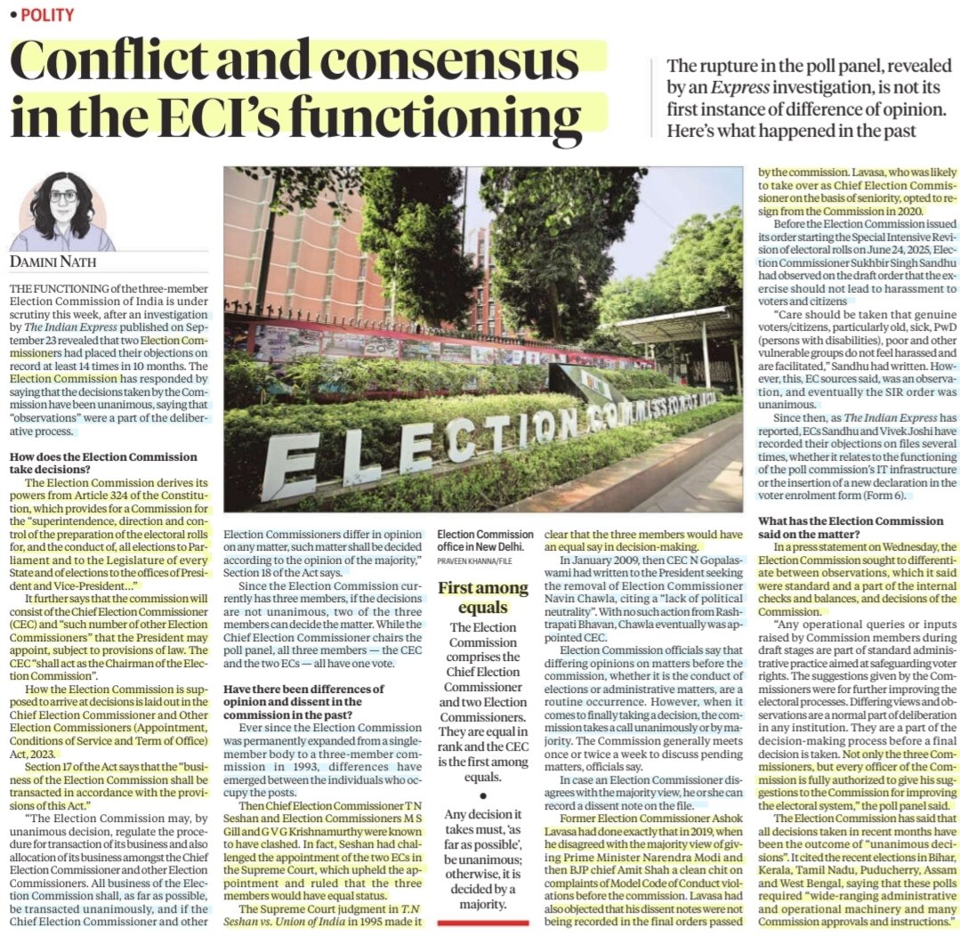 imRavikantYadav's tweet photo. Conflict & consensus in the ECI's functioning
:An Insightful article by Ms @DaminiNath
#ElectionCommission #ECI #ElectionCommissioners #CEC
#DecisionMaking #Unanimity #Conflict #Consensus
#Article324 #Constitution #ElectoralRolls #SIR #Elections
#SupremeCourt
#Polity
#UPSC https://t.co/sc3TGQHYnK