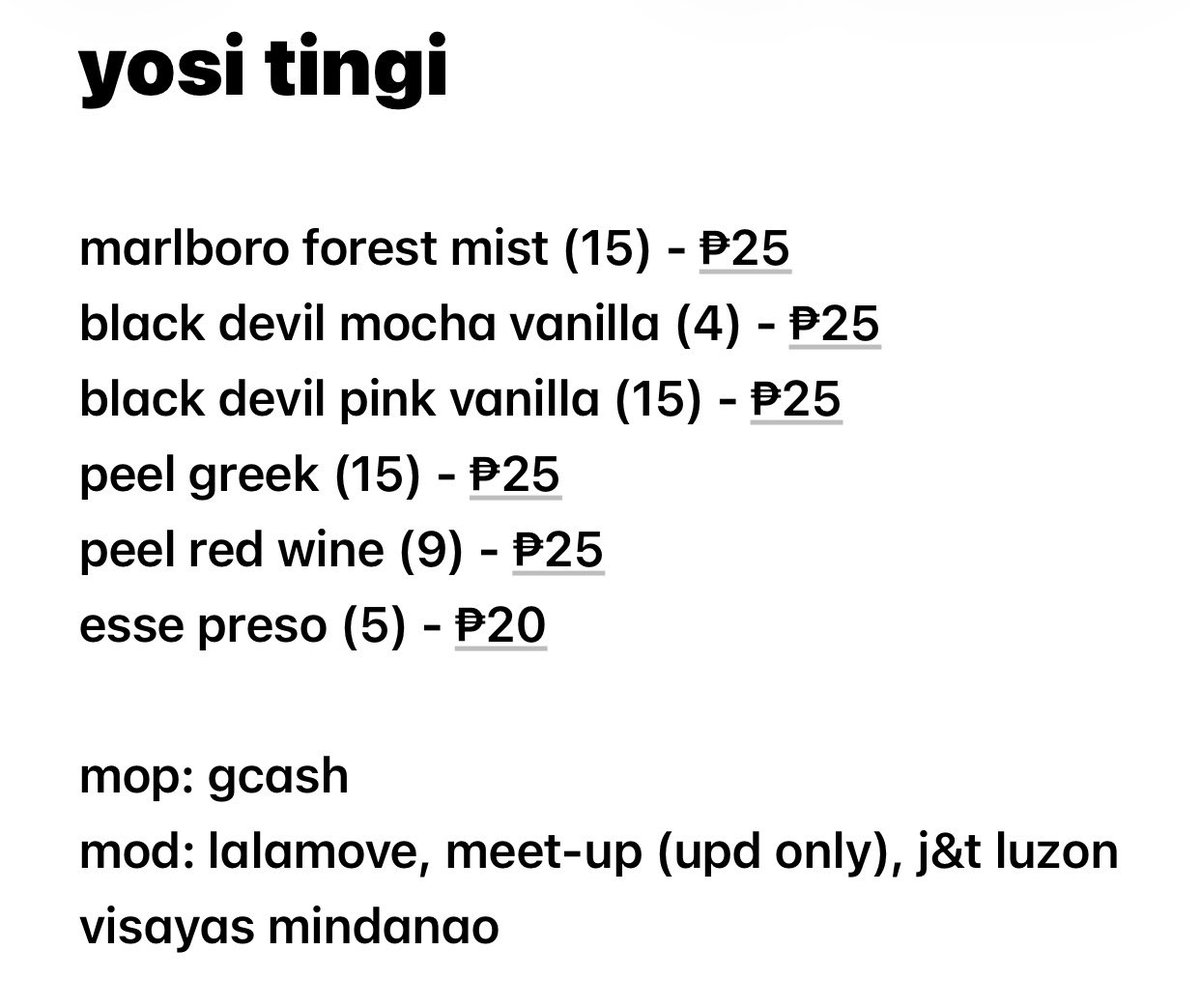 jhwzoa's tweet photo. #yositwt wts lfb yosi tingi ph

marlboro forest mist, bd pink vanilla, bd mocha vanilla, peel greek yogurt, peel red wine, esse presso 

minimum of 5 sticks per order 🦦

prio payo, dm to order! https://t.co/PVMZ0ahVM7