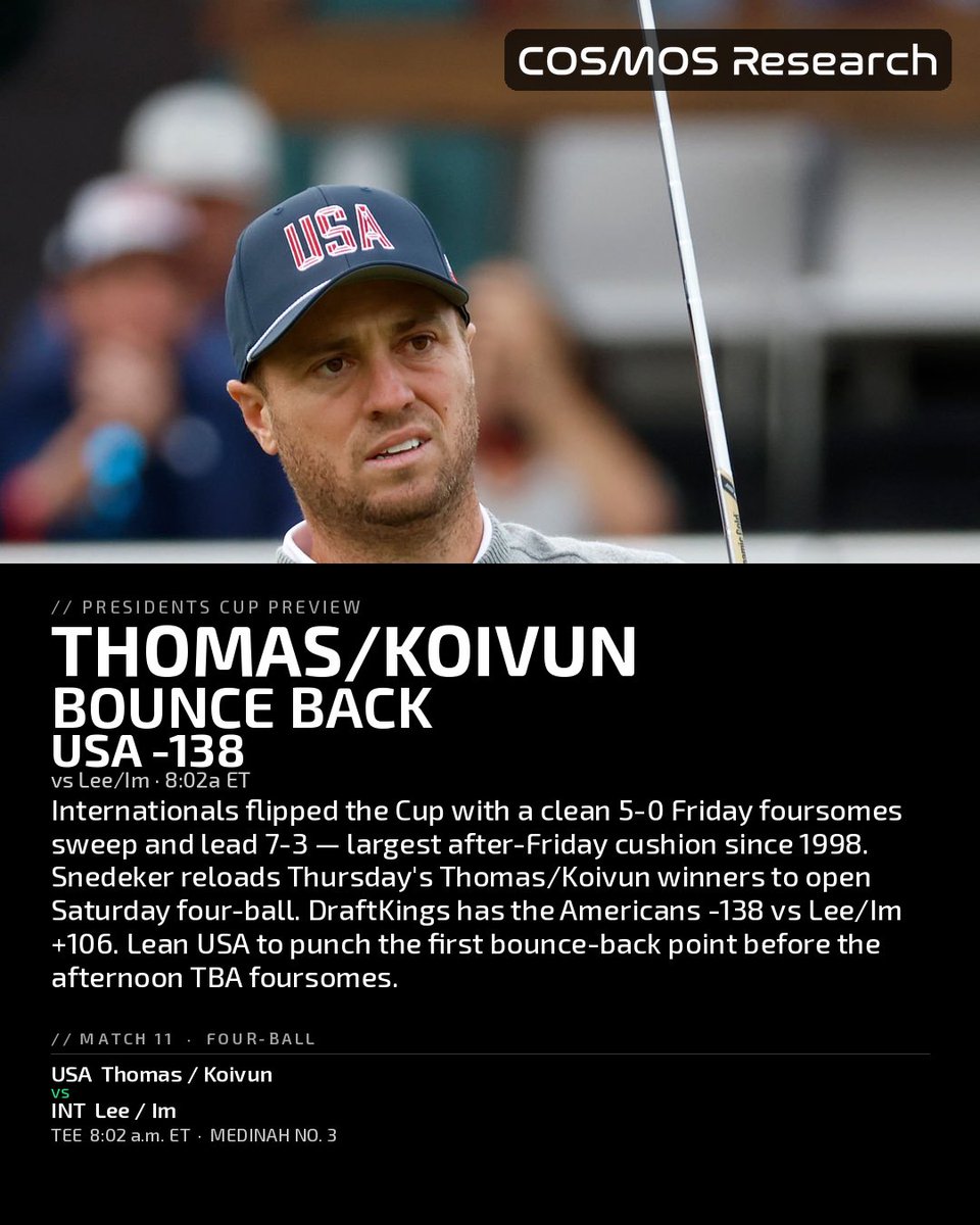 ReefPointCap's tweet photo. @GolfintheCosmos Research Preview for Day 3 Presidents Cup.  Empire Strikes back.  US will take 3/4 on Four ball https://t.co/5jLRcFh01Z