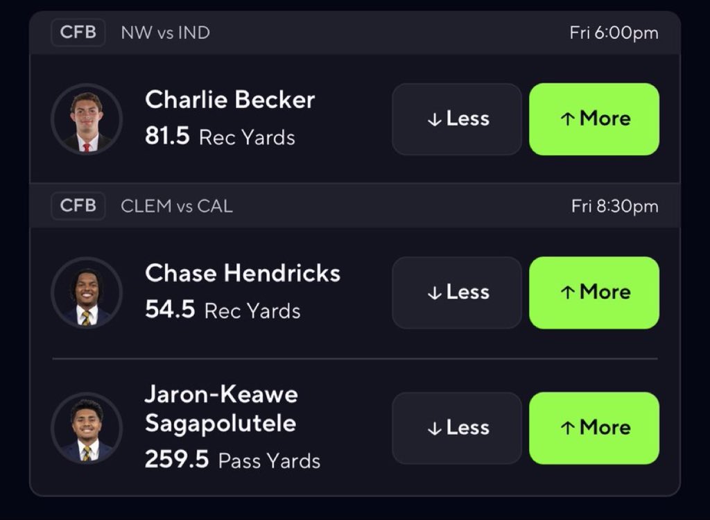 BetBeastDC's tweet photo. Prize Picks Play Of The Day🔥

Charlie Becker Over 81.5 Rec Yards
Chase Hendricks Over 54.5 Rec yards
J-K Sagapolutele Over 259.5 Pass Yards

Get My Best Picks FREE👇
https://t.co/l0BJrzKUaQ https://t.co/NKqnH3sx2A