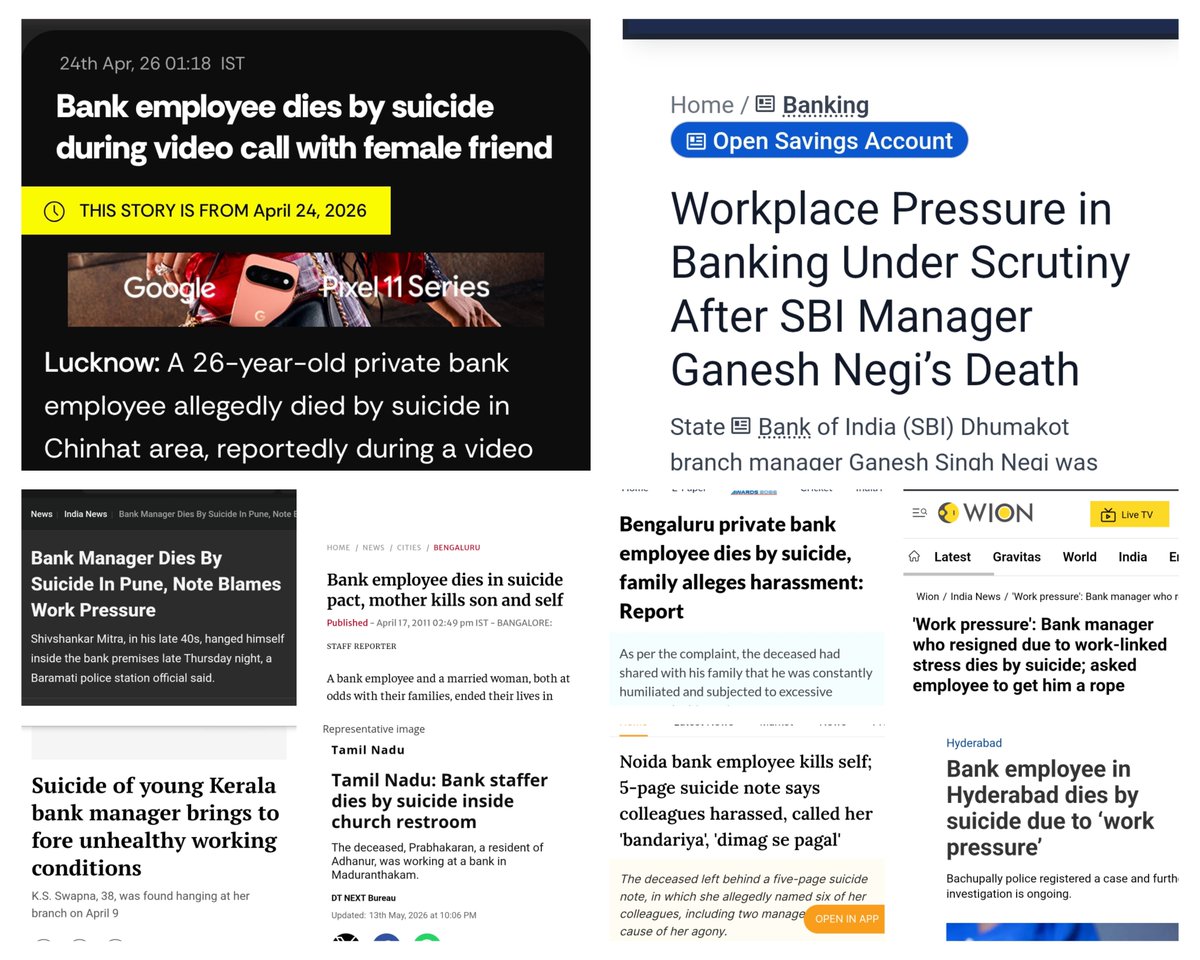 WokopediaX's tweet photo. Here is a glimpse of the stress: meetings start at 8 AM; most of the branches run with one officer and two clerks for 20,000 customers. Now customers want service, and bosses want insurance and government schemes like PMJJBY and PMSBY. As a single officer, you are supposed to serve those 20,000 customers, process 20 gold loans and SME loans, visit the market, and conduct inspections. You sell insurance on weekdays and do recoveries on weekends. You cannot plan any weekend because nobody knows when they will call you into the office. You get transferred every two years to remote corners of the country. Sometimes North Indians are sent to extreme Tamil Nadu and get harassed for not knowing the language. You cannot leave your place of posting without permission, so if your boss wants to torture you, they will prevent you from going to your hometown even on holidays; the result you can see in the image.

Bankers are not asking for something new. The MOU regarding five-day banking was already signed between the IBA and the unions in 2023. See the attachment. On the basis of that, salary settlements happened. Bankers accepted lower settlements at that time because five-day banking was agreed upon. Now, if the government does not honor its own agreement, what can a common banker do other than agitate?
