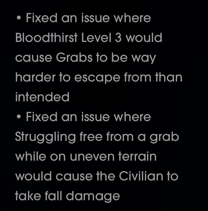 squeaksvolumes's tweet photo. ANOTHER PATCH ALREADY? WOAH.

The devs are working overtime this Friday and were quick in hearing the community, fixing the grab struggle issues!

- The Michael grab wiggling has been fixed! No more becoming injured when breaking free and Bloodthirst 3 no longer makes wiggling out impossible at lower Stalk Tiers!
- Loomis and Story mode crashes fixes
- Xbox optimization and crash improvements
- 10k Perk Points given to all current players in thanks for our understanding and patience!!