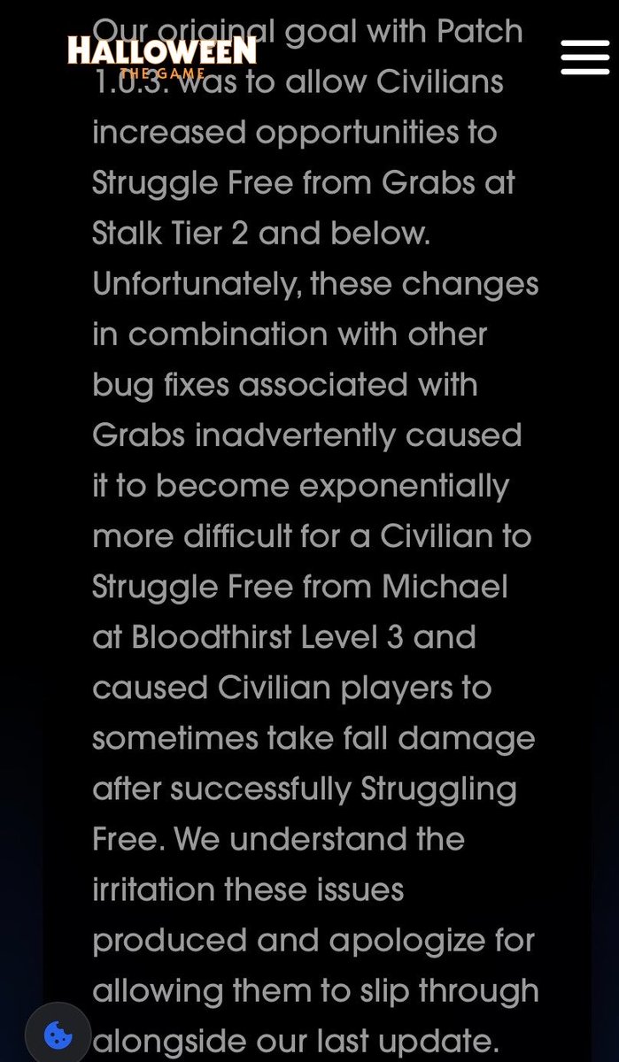 squeaksvolumes's tweet photo. ANOTHER PATCH ALREADY? WOAH.

The devs are working overtime this Friday and were quick in hearing the community, fixing the grab struggle issues!

- The Michael grab wiggling has been fixed! No more becoming injured when breaking free and Bloodthirst 3 no longer makes wiggling out impossible at lower Stalk Tiers!
- Loomis and Story mode crashes fixes
- Xbox optimization and crash improvements
- 10k Perk Points given to all current players in thanks for our understanding and patience!!