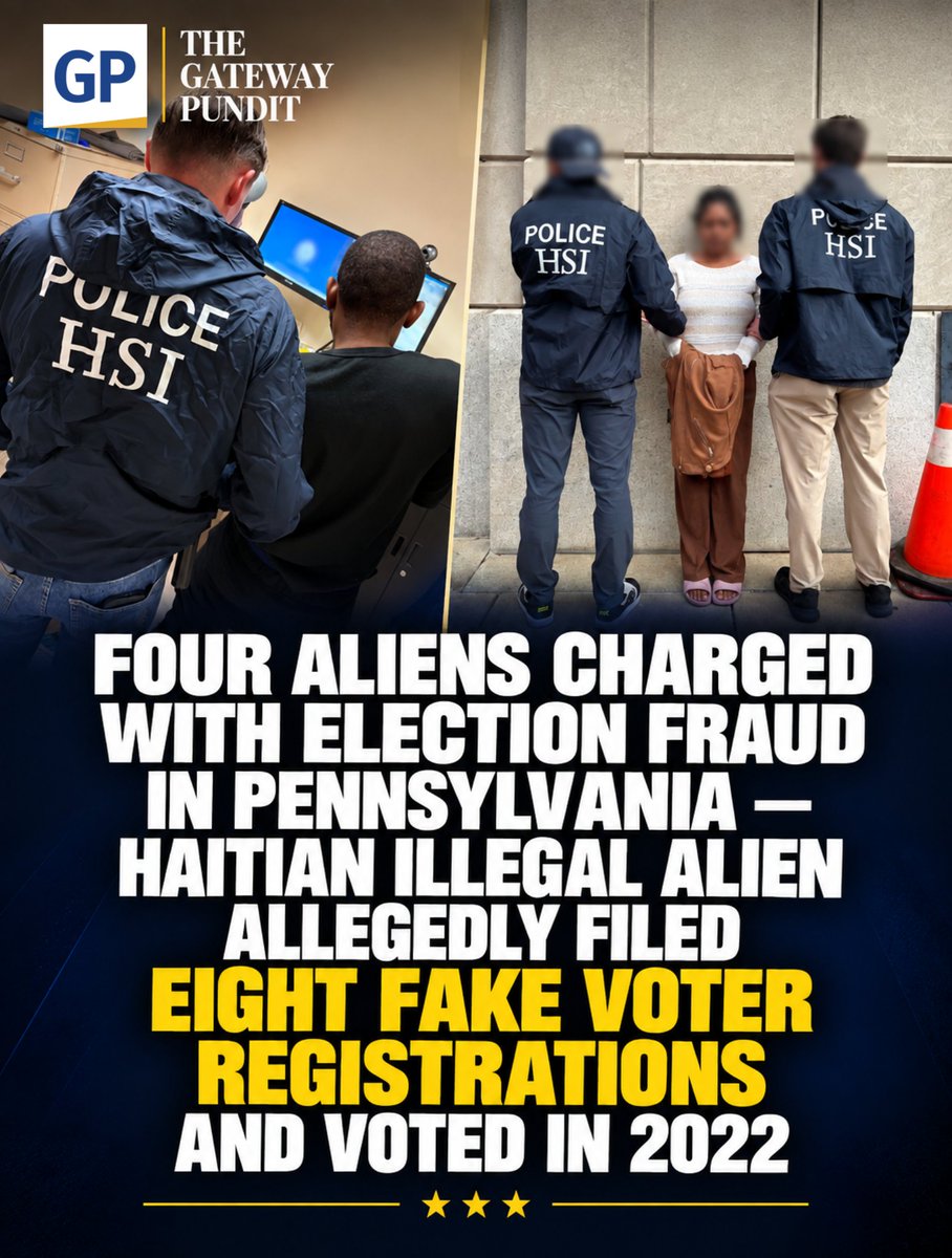 gatewaypundit's tweet photo. The Trump Justice Department just dropped another hammer in the swing-state battleground of Pennsylvania.

U.S. Attorney David Metcalf of the Eastern District of Pennsylvania announced Thursday that four aliens, including two illegal aliens, have been charged with election-related crimes for illegally registering and/or illegally voting in federal elections.

Read the rest of the story, link in the comments.