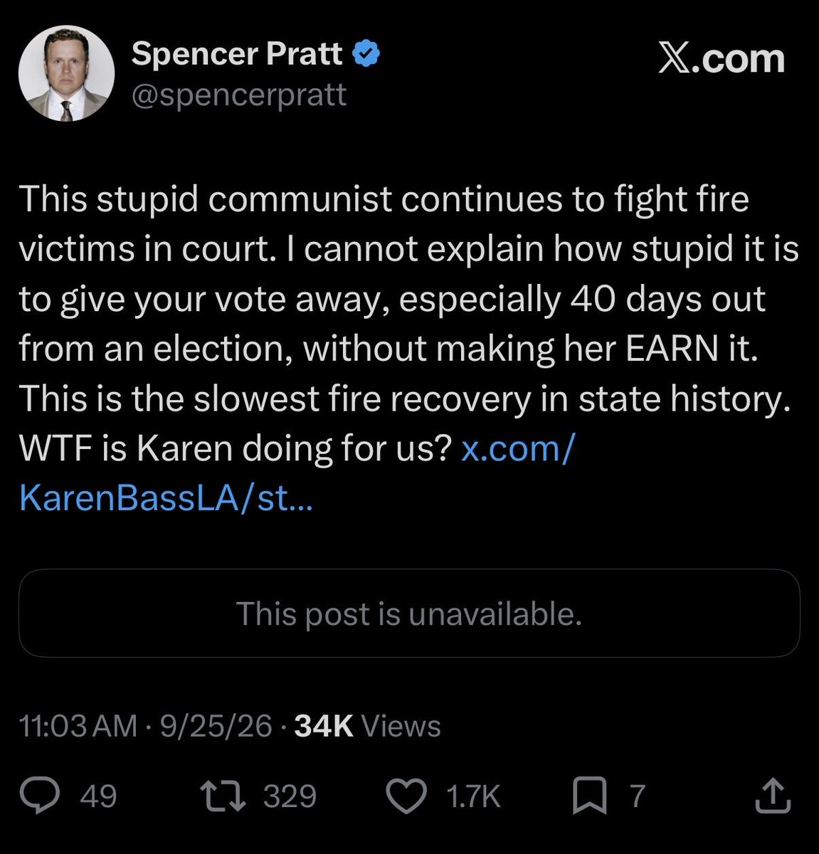 spencerpratt's tweet photo. LMAO I made Karen Bass delete her fake Palisades Post “endorsement”. 

It’s just one embarrassing failure after another for her. Couldn’t happen to a better reptile. https://t.co/ADYgGQkZ62