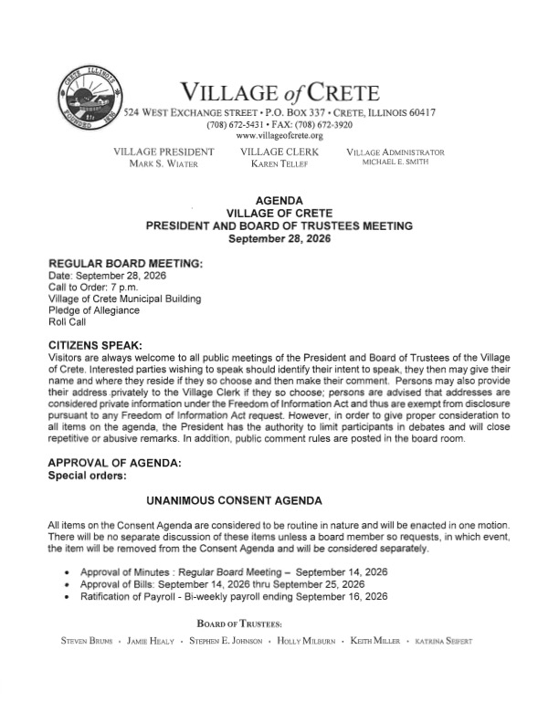 VillageOfCrete's tweet photo. The Crete Village Board meets Monday, Sept. 28, at 7:00 PM at the Municipal Building, 524 W. Exchange St.

View the full agenda: https://t.co/CjA6sdnHR4 https://t.co/B2tCPS4odw
