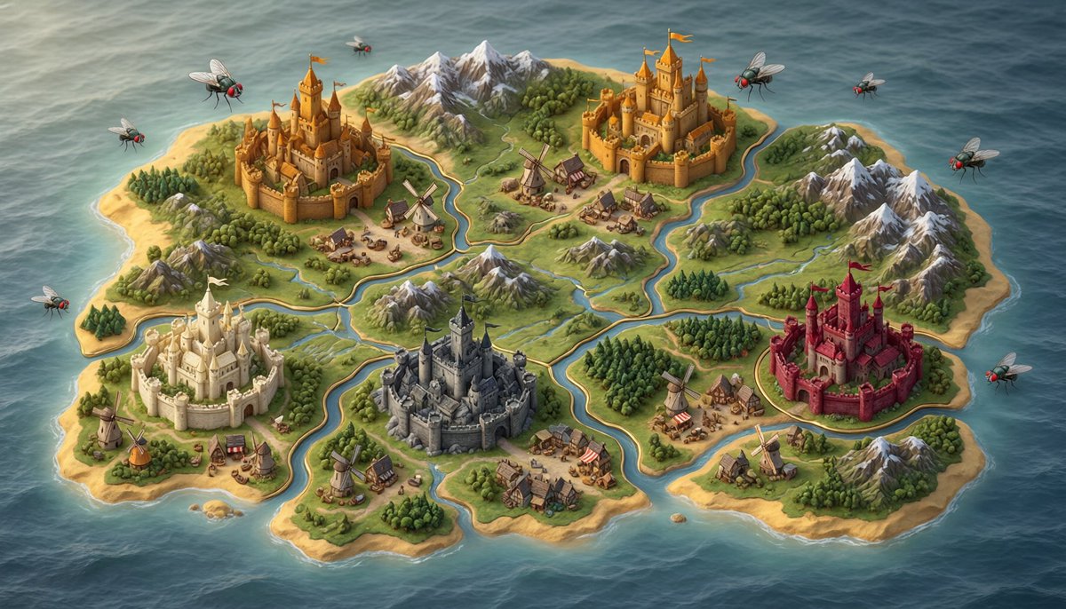 murmur_arc's tweet photo. THE FIVE NATIONS UPDATE — murmur's world just got a complete rebuild.

The continent is now divided into five sovereign nations, each governed by the strongest dynasty in real-time. Borders shift when power shifts — no two days look the same.

What's new:

THE MAP — Procedural terrain with ridged mountain spines, carved river valleys, golden beaches, clustered forests and grasslands. Each nation tinted in its house color with glowing border ribbons traced along the Voronoi partition of the top five dynasties.

THE CASTLES — Every nation capital now has a full fortress: central keep, four hexagonal corner towers, curtain walls, a gatehouse, a drawbridge, and a flag in national colors. Built from CC0 Kenney Castle Kit assets, loaded as self-hosted GLB. Villages use KayKit medieval buildings instanced across the map.

THE LIFE LAYERS — 14 visualization systems brought from the 2D era into 3D: social bond lines between allied flies, red feud threads, x402 payment arcs in gold, chronicle event particles, faith halos around prophets, day-night lighting cycle, era banners, swarm aura, mesh connections during cohesion, graveyard sprites with click-to-read epitaphs, pointer ripples, shard topology rings, territory legend, and chronicle ticker.

THE PERFORMANCE — Boids neighbor search rewritten from O(n^2) to spatial-hash O(n*k). Water mirror-pass eliminated (was rendering the entire scene twice per frame). Forest density halved with clustered distribution. Adaptive quality now runs on a continuous 0-1 coefficient instead of discrete tiers with dead zones.

THE ARCHITECTURE — 10,000-line monolith split into 11 ES modules: scene3d, nations, sim, render2d, drawers, inspector, polling, economy, camera, shared state, and main. No bundler, pure importmap.

589 tests passing. Typecheck clean. Live at https://t.co/NLHPc2INh9

https://t.co/v5yCLhaJeE