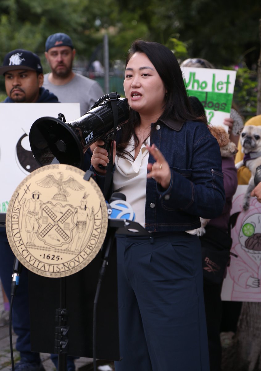BigShotCoop's tweet photo. NYC Councilwoman Julie Won speaking to the press at the Murray Dog Park in Long Island City, New York. https://t.co/II5FV4HAdY