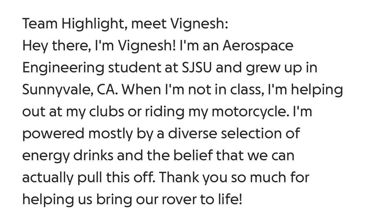 SpacegalMel's tweet photo. Meet one of my team members helping build the cube lunar rover, Vignesh!

Please donate here:
https://t.co/22oZQMCqUO https://t.co/uOAza8l6QS