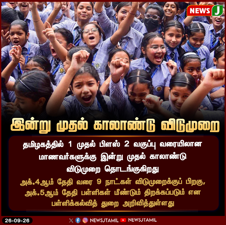 NewsJTamil's tweet photo. தமிழகத்தில் பள்ளி மாணவர்களுக்கு இன்று முதல் காலாண்டு விடுமுறை | NewsJ
#QuarterlyHoliday | #SchoolStudents | #TamilNaduSchools | #SchoolEducation | #Students | #TamilNadu | #NewsJ https://t.co/kugI5wGk77