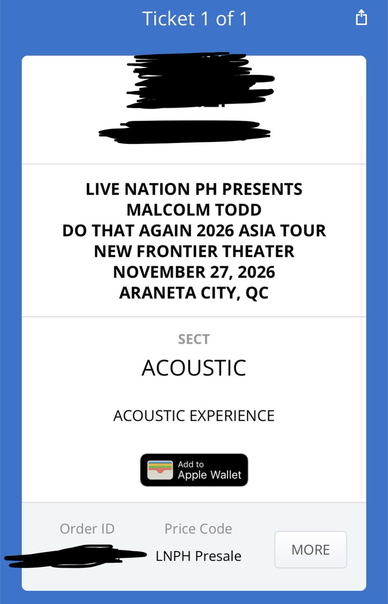 leilasigrid's tweet photo. wts lfb ph
 
1 Acoustic Experience - Malcolm Todd 
same price lang

rfs: needed 3 tix pero isa lang nakuha so hindi nalang manonood para walang mag away wahahaha https://t.co/M7gSsu1e6J