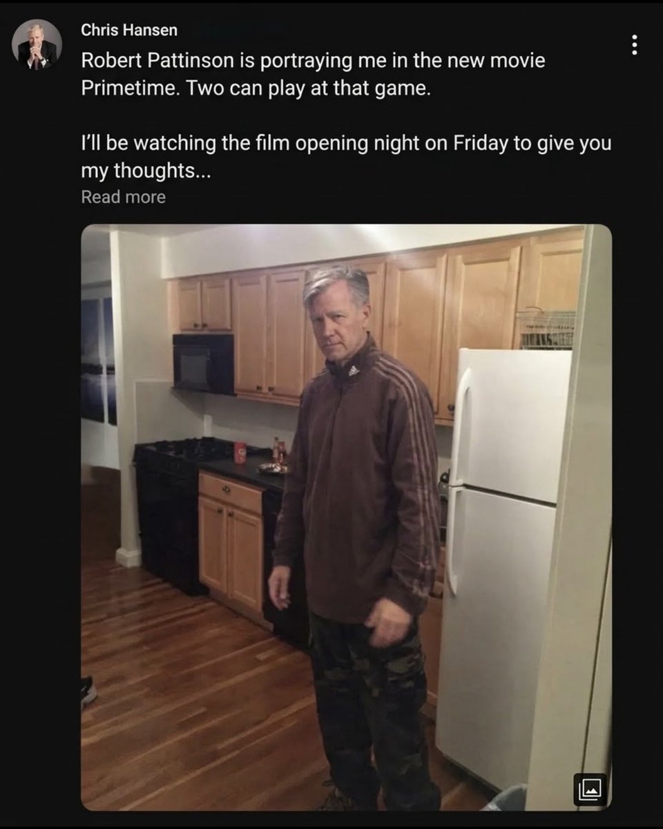 Complex's tweet photo. Chris Hansen recreates Robert Pattinson’s viral kitchen meme

‘Robert Pattinson is portraying me in the new movie ‘Primetime’. Two can play at that game.’ https://t.co/i52EWHAjOy