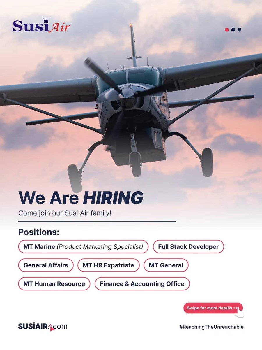 bisakerja_id's tweet photo. Susi Air lagi ngebuka lowongan untuk multiple position guys!

For the detail about requirement, job desc sampai link apply bisa visit kesini:
https://t.co/gY3iwJjMJD https://t.co/CCgZfxHqth