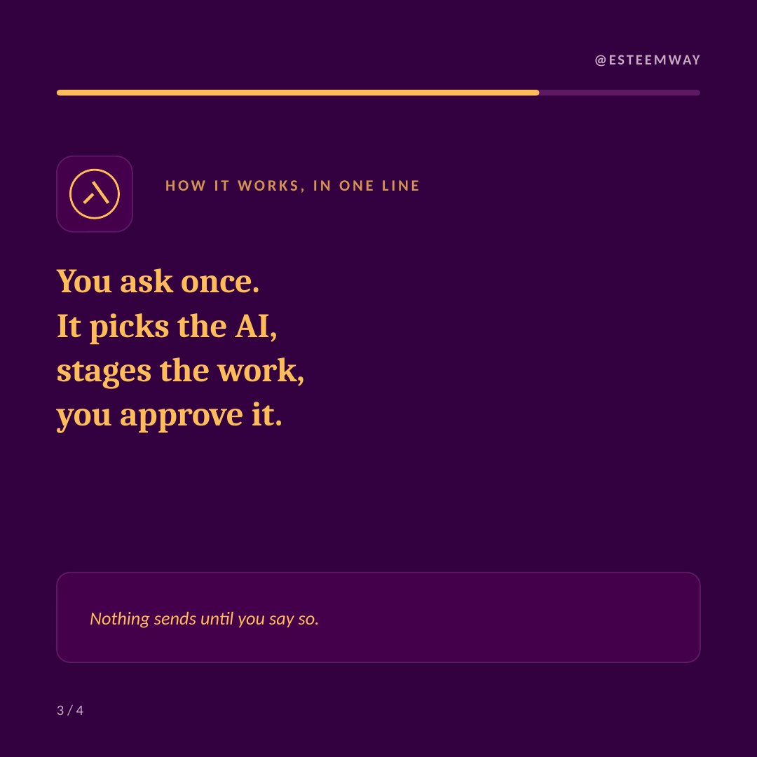 EsteemWay's tweet photo. We used to be Zehume. Now we're EsteemWay.

ask once. It picks the right AI, stages the work, you approve before anything sends.

Formerly Zehume. Now EsteemWay.

https://t.co/oJK20aoCJm

#EsteemWay #FormerlyZehume #AIWorkLayer #AIRouting #Connectors #ProductivityAI #WorkplaceAI https://t.co/7yBrstbwyZ