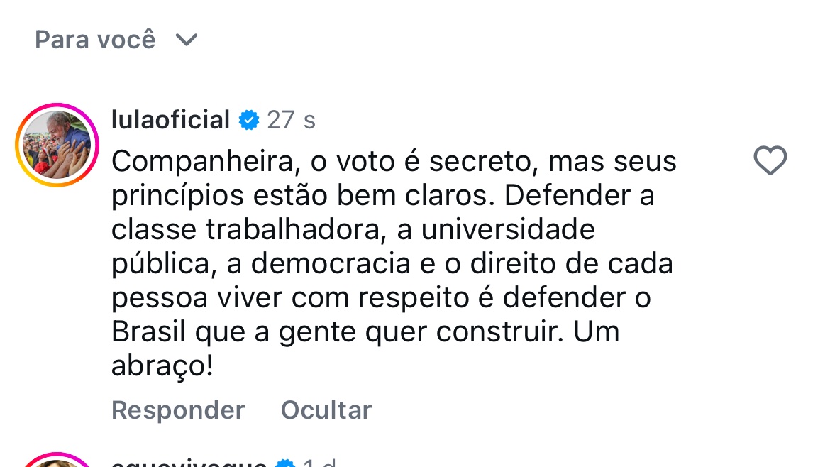 lavicavalcante's tweet photo. quando o presidente comenta no seu post ai vc faz o L https://t.co/8UAHGnWsQn