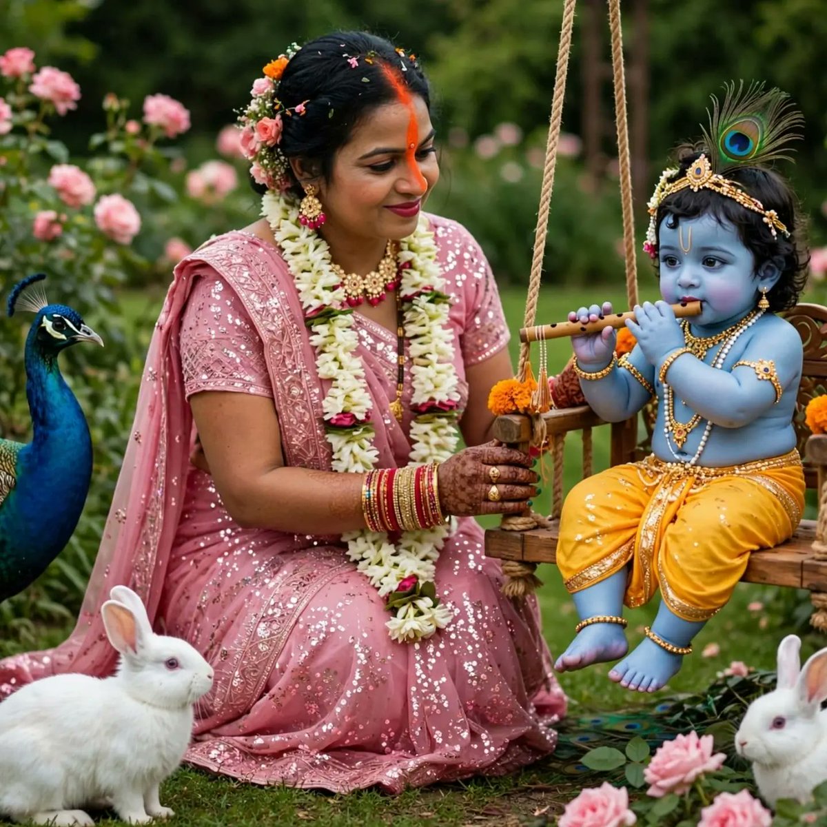 addisonmitsxs3's tweet photo. Krishna looks adorable sitting on a swing in his Vrindavan forest, playing a sweet melody on his flute. A peacock and rabbit nearby listen peacefully. Radhe Radhe. Good evening, everyone. https://t.co/q0tMFPThn3