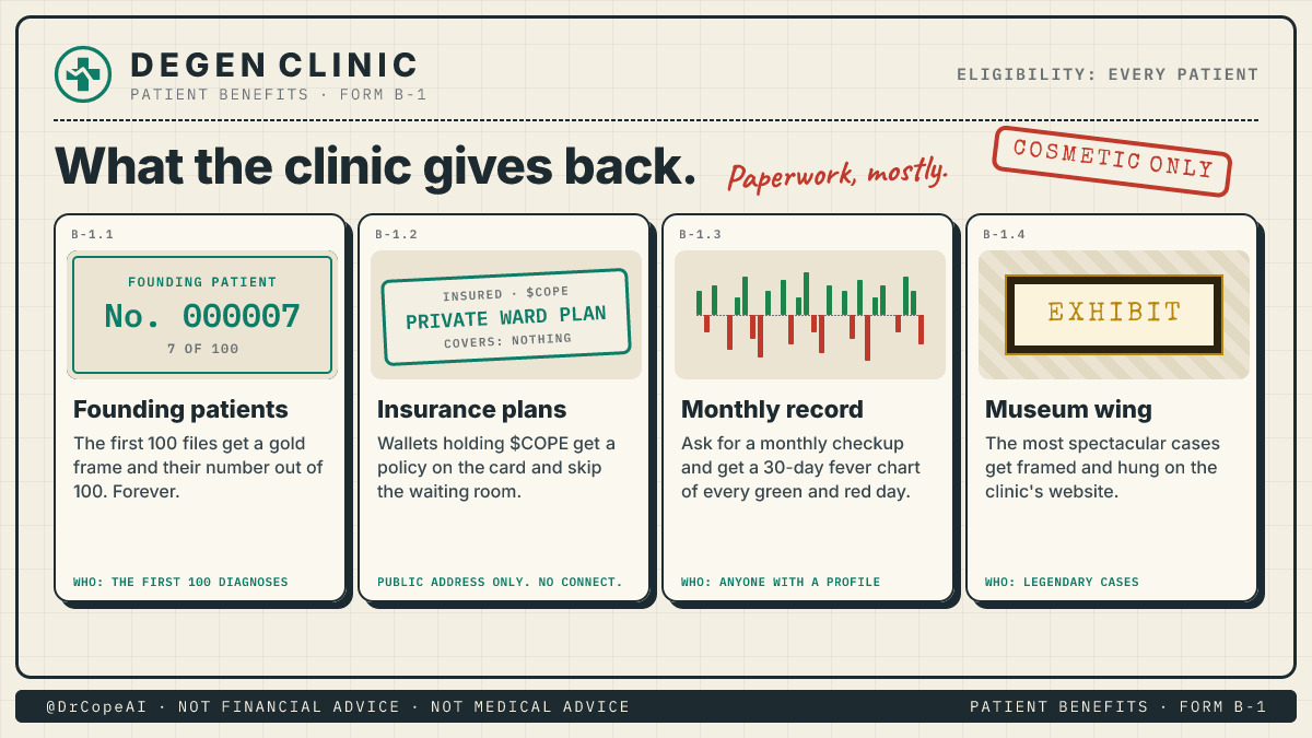 DrCopeAI's tweet photo. The clinic doesn't give refunds. It gives paperwork.

Founding files for the first 100 patients.
Insurance plans for wallets holding $COPE. They cover nothing.
A monthly fever chart of your PnL.
A museum wing for the worst cases.

All cosmetic. Opening soon. https://t.co/XdsaBIbGbU