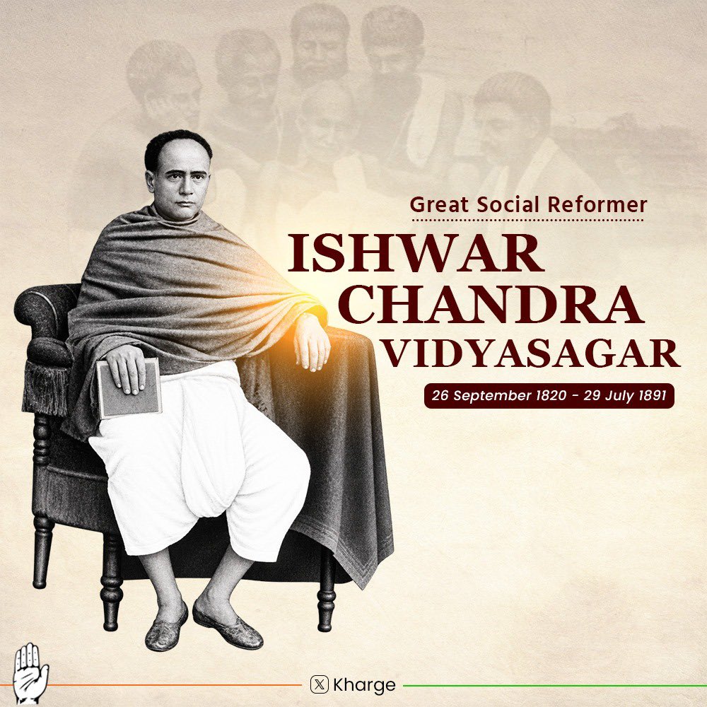 kharge's tweet photo. On his birth anniversary, we pay tribute to Ishwar Chandra Vidyasagar — an iconic social reformer who championed women’s rights and widow remarriage. His determined efforts helped reshape society and advance the dignity and status of women.

A distinguished philosopher, educator, publisher, rationalist, philanthropist and polymath, his immense contributions to Bengali language and culture continue to inspire generations.