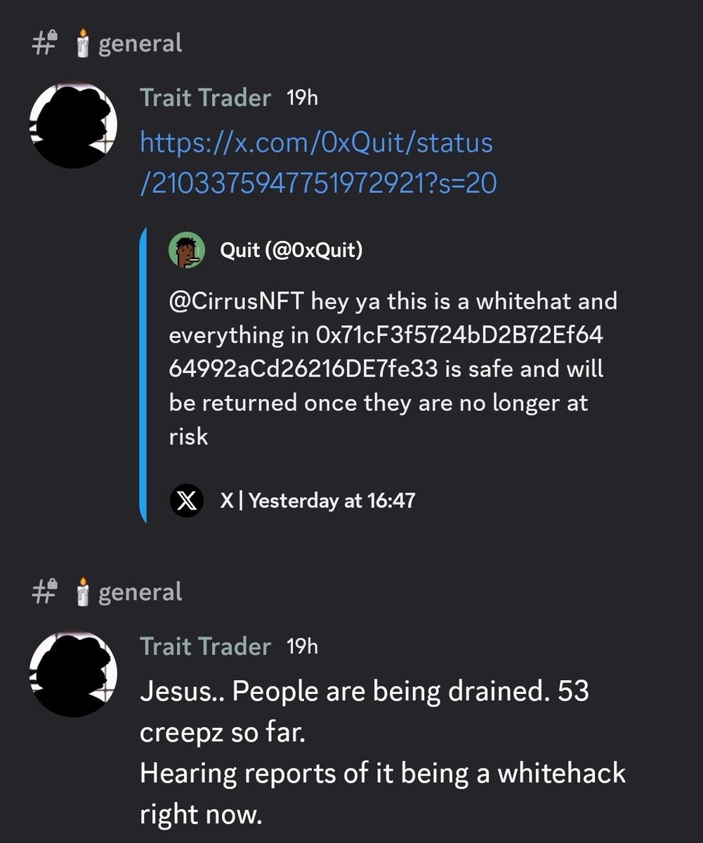 StevowithaV's tweet photo. Meanwhile, the guy who saved countless people over the years, and was let go by the old team... was warning people of the exploit nearly 5hrs before Creepz got hit.

Bring @TraitTrader_TT back.
The community was never as safe as when he was on the team. https://t.co/znoU5uqd2E