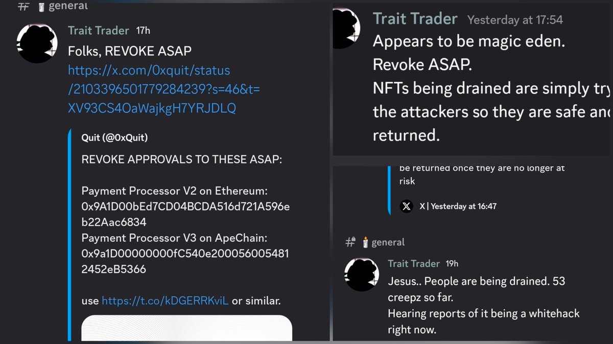 StevowithaV's tweet photo. Meanwhile, the guy who saved countless people over the years, and was let go by the old team... was warning people of the exploit nearly 5hrs before Creepz got hit.

Bring @TraitTrader_TT back.
The community was never as safe as when he was on the team. https://t.co/znoU5uqd2E