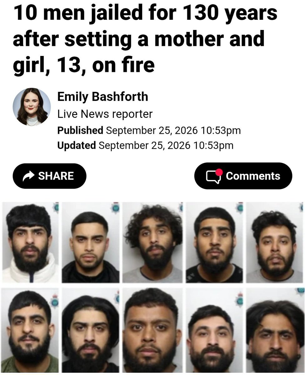 jomickane's tweet photo. A total of 10 men have been jailed for a combined 130 years after setting fire to a home in a ‘revenge attack’ that severely injured a woman and a teenage girl. Police confirmed that the mother had been struck on the head and set on fire; she suffered 65% burns, a broken pelvis, broken ribs, and a cut to her liver. She spent two months in a coma and was not expected to survive, but she is now walking again and is predicted to need medical treatment for life. The child suffered 15% burns to her arm, requiring skin grafts. 
🚨Bilal Ahmed was given 15 months suspended for 18 months.
🚨Naveed Hussain was sentenced to 22 months in prison, suspended for 18 months.
🚨Kashif Ahmed was sentenced to 48 weeks in prison.
🚨Haris Mahmood was given 24 years and nine months.
🚨Shakil Uddin was sentenced to 34 years.
🚨Ali Abbas was jailed for 25 years.
🚨Riyadh Iqbal was sentenced to 12-and-a-half years.
🚨Tayyeb Majeed was jailed for 10-and-a-half years.
🚨Lukman Khan was sentenced to 12-and-a-half years.
🚨Muhammad Sufyaan-Shah was sentenced to 11-and-a-half years.