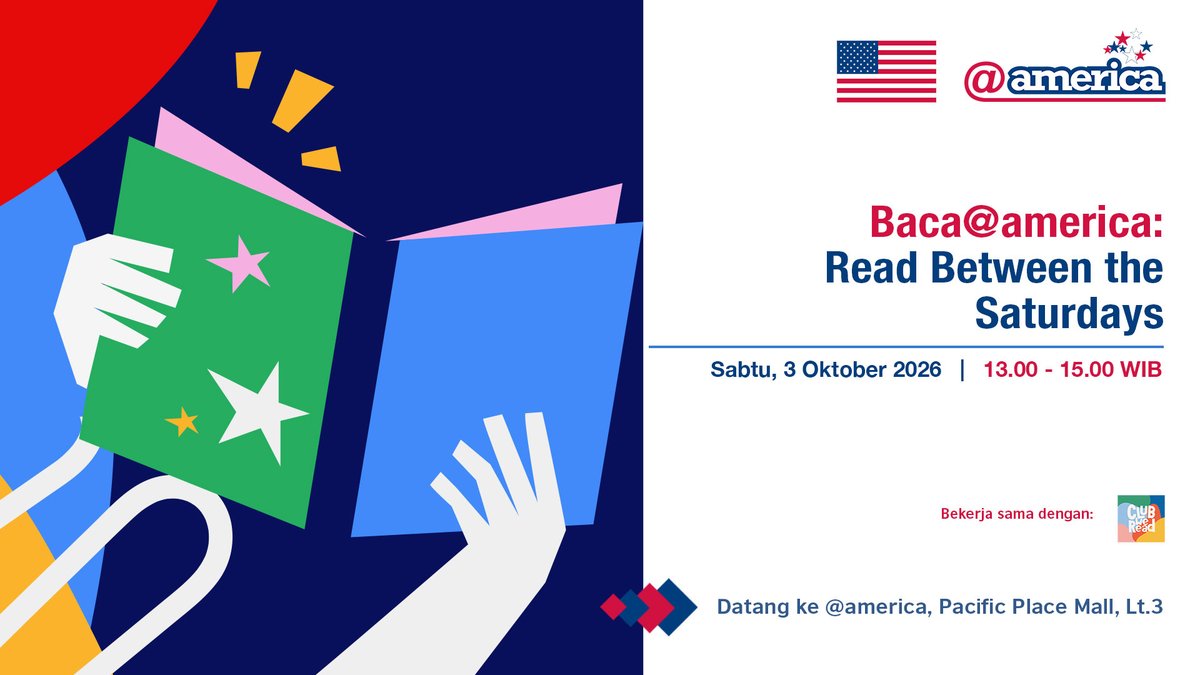 atamerica's tweet photo. Baca@atamerica is back! 📚

Join us with Club We Read, a Jakarta-based reading community, for a cozy reading session featuring American books. Explore @atamerica’s book corner, enjoy some quiet reading time, and share your thoughts with fellow book lovers during a small group discussion 📖

📅 3/10/2026
🕒 13:00 - 15:00
📍 @atamerica, Pacific Place Mall Floor 3

Come read, share, and connect with fellow book lovers, only at @atamerica! 💙

#Bacaatamerica