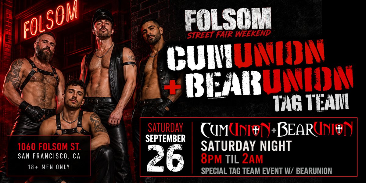 442Events's tweet photo. Folsom Weekend is just around the corner and we are excited to be hosting four events this year.

➡️ Sat, Sept. 26th @ 10am - Fisting 101 (Workshop w/ Emmanuel)
➡️ Sat, Sept. 26th @ 12pm - Fist Buds Folsom Edition
➡️ Sat, Sept. 26th @ 8pm - CumUnion + BearUnion Tag Team
➡️ Sun, Sept. 27th @ 3pm - CumUnion Folsom Edition

All events are held at 1060 Folsom St in San Francisco. Tickets are available both online and at the door.  For more info and tickets visit https://t.co/awPcGrFD8S, https://t.co/2gzqAGYR9t, and https://t.co/YtlRfEu7xK.