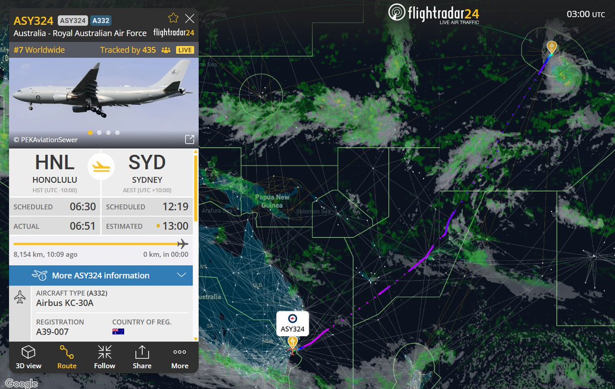 raaf_vip's tweet photo. 🇦🇺Australia🇦🇺

PM Anthony Albanese is back in the country.

Route: Honolulu (HNL) - Sydney (SYD)
🛫: 16:51 UTC on 25/09/2026
06:51 HST, 02:51 AEST on 26/09/2026

🛬: 03:00 UTC on 26/09/2026
13:00 AEST

#RAAF #AusAirForce #Sydney https://t.co/PW8rF1IQLt
