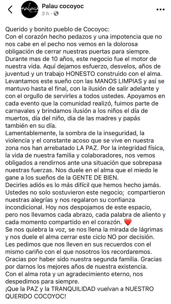 _Morelos_News's tweet photo. 🚨🔒 “NO PODEMOS ARRIESGAR NUESTRAS VIDAS” 

Gracias al gran trabajo de Margarita González, el restaurante"Palau" en Cocoyoc anuncia en sus redes que cierra sus puertas, el cobro de piso y la extorsión los obliga a despedirse luego de 10 años en #Yautepec https://t.co/eTswnuuwIU