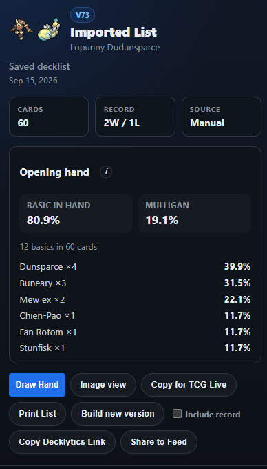 Decklytics's tweet photo. You can now see the chance you mulligan &amp; the odds of seeing each basic in your opening hand. https://t.co/qpOZ4vguTU