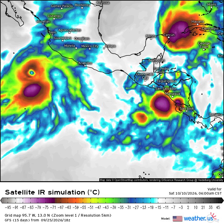 GuillermoJovelR's tweet photo. Incertidumbre de alcance prolongado: A +360 horas, el GFS muestra una alta sensibilidad a las condiciones iniciales. No hay consistencia en la posición exacta de los vórtices ni en la geometría de la Vaguada Monzónica.
Clásico "efecto mariposa" del GFS cuando nos aventuramos a un plazo de 15 días (360 horas). Todas las salidas están validando para la misma fecha (Sábado 10/10/2026 a las 06:00 CST), pero provienen de las 4 corridas distintas del ciclo del 25/09/2026: 00Z, 06Z, 12Z y 18Z.

📡 Señal de fondo a monitorear: Aunque la ubicación de las bajas presiones cambia en cada pasada, las 4 salidas coinciden en mantener un ambiente de alta inestabilidad hidrometeorológica sobre Centroamérica y el Pacífico Este para la segunda semana de octubre.  

🛰️ Recomendación: Tomar estos mapas como un indicador de variabilidad estacional y no como un pronóstico determinista. La evolución real dependerá del acoplamiento de las ondas tropicales y el posicionamiento final de la Vaguada Monzónica conforme se reduzca la ventana de predicción, la evolución de TUTTs y Sistemas Frontales

Agarrenla al suave, ustedes fucking amarillentos y pornografers de los likes y el tac tac. Informar, no alarmar.