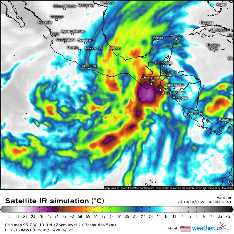 GuillermoJovelR's tweet photo. Incertidumbre de alcance prolongado: A +360 horas, el GFS muestra una alta sensibilidad a las condiciones iniciales. No hay consistencia en la posición exacta de los vórtices ni en la geometría de la Vaguada Monzónica.
Clásico "efecto mariposa" del GFS cuando nos aventuramos a un plazo de 15 días (360 horas). Todas las salidas están validando para la misma fecha (Sábado 10/10/2026 a las 06:00 CST), pero provienen de las 4 corridas distintas del ciclo del 25/09/2026: 00Z, 06Z, 12Z y 18Z.

📡 Señal de fondo a monitorear: Aunque la ubicación de las bajas presiones cambia en cada pasada, las 4 salidas coinciden en mantener un ambiente de alta inestabilidad hidrometeorológica sobre Centroamérica y el Pacífico Este para la segunda semana de octubre.  

🛰️ Recomendación: Tomar estos mapas como un indicador de variabilidad estacional y no como un pronóstico determinista. La evolución real dependerá del acoplamiento de las ondas tropicales y el posicionamiento final de la Vaguada Monzónica conforme se reduzca la ventana de predicción, la evolución de TUTTs y Sistemas Frontales

Agarrenla al suave, ustedes fucking amarillentos y pornografers de los likes y el tac tac. Informar, no alarmar.