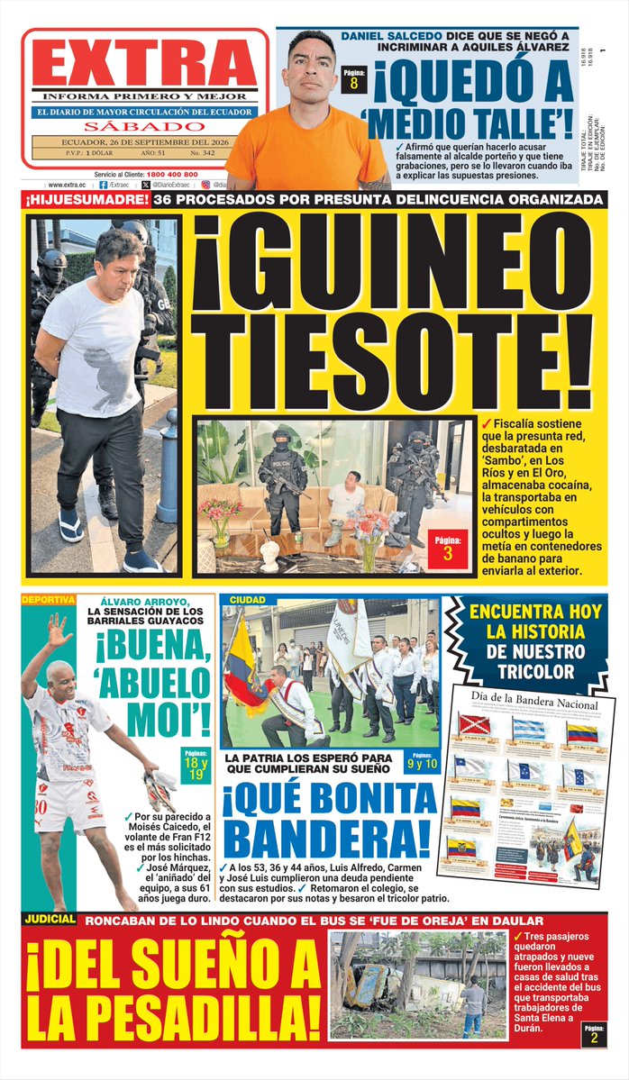 DiarioExtraEc's tweet photo. 🌛 ¡Buenas noches! Ya está lista la #PortadaEXTRA de mañana, sábado 26 de septiembre de 2026. No olvides ir por tu ejemplar y mira en https://t.co/B6atVw0QGI las noticias 'más pepas' del día. https://t.co/A6fh06w59z