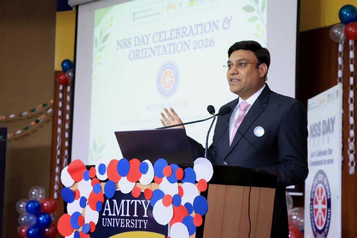 AmityNss's tweet photo. The NSS Cell, Amity University Rajasthan, Jaipur celebrated NSS Day with great enthusiasm, energy and a spirit of service, bringing together NSS volunteers, faculty members and university leadership for a memorable celebration https://t.co/MB77D9klBD
