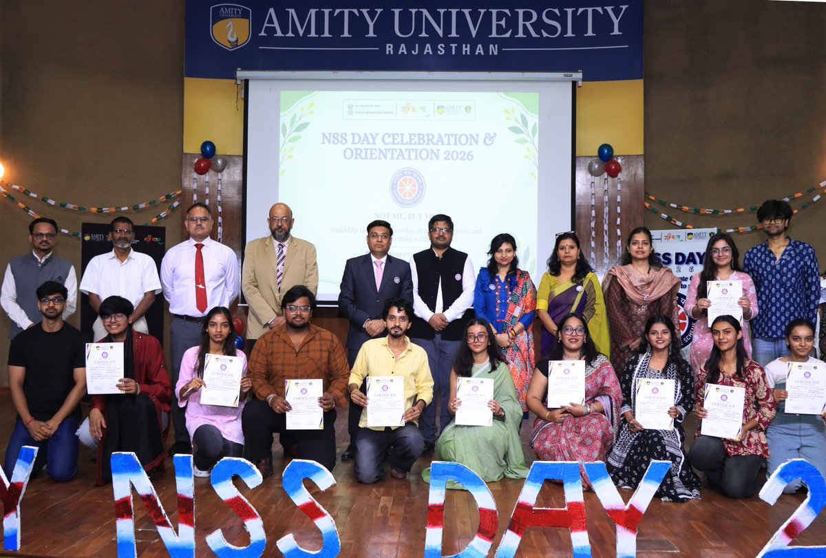 AmityNss's tweet photo. The NSS Cell, Amity University Rajasthan, Jaipur celebrated NSS Day with great enthusiasm, energy and a spirit of service, bringing together NSS volunteers, faculty members and university leadership for a memorable celebration https://t.co/MB77D9klBD