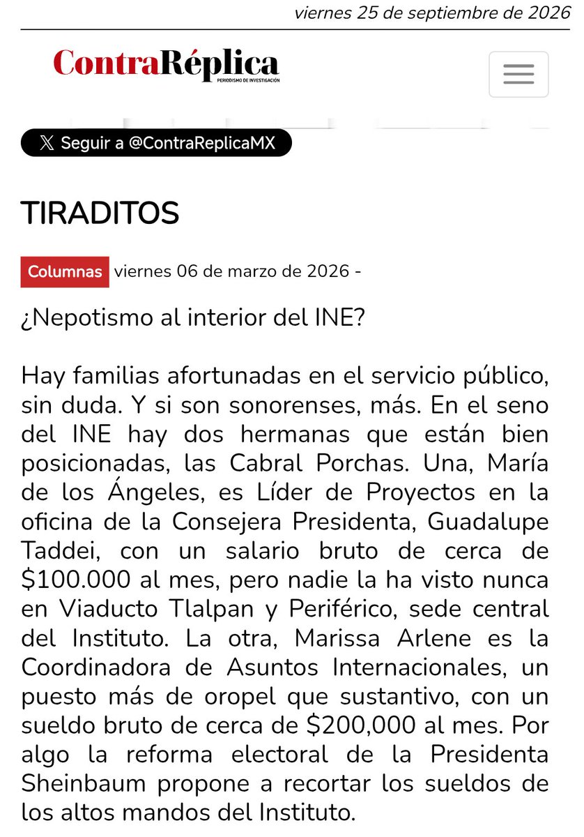 GrilloPlllo's tweet photo. Durante la gestión de Guadalupe Taddei en el @IEESonora (2014–2021), María de los Ángeles Cabral Porchas coordinó el área de Presidencia (2020–2021). Hoy, el directorio del @INEMexico la ubica como Líder de Proyecto en la oficina de la Consejera Presidenta.

Una columna nacional reportó que en el INE hay dos hermanas Cabral Porchas y mencionó a María de los Ángeles. Al cruzar ese dato con los registros oficiales, la otra sería Marisa Arlene Cabral Porchas, que fué en INE recientemente Coordinadora de Asuntos Internacionales, con trayectoria como Vocal Ejecutiva y Secretaria Ejecutiva del IEE Sonora.

Ahora, reportes locales apuntan a Marisa para la Vocalía Ejecutiva de la Junta Local del INE en Sonora. El INE confirmó el aval de una designación para esta entidad. 

¿Nepotismo? Como bien lo menciona el maestro @rquirrin todo queda en familia. @SoledadDurazo