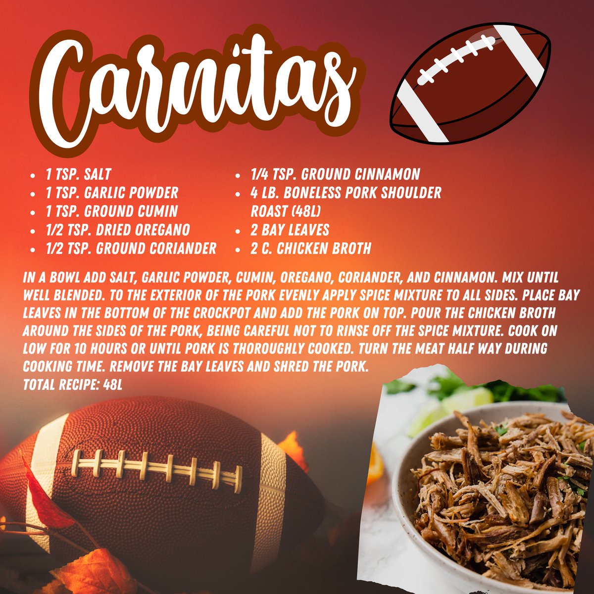 savannahthocad's tweet photo. Game day is better with good food! The Packers’ season kicks off today, and these slow-cooked Carnitas are the perfect way to celebrate. They’re featured in our Football Season Menu: easy, flavorful, and perfect for sharing. Go Pack! https://t.co/MUYFYbrxgZ