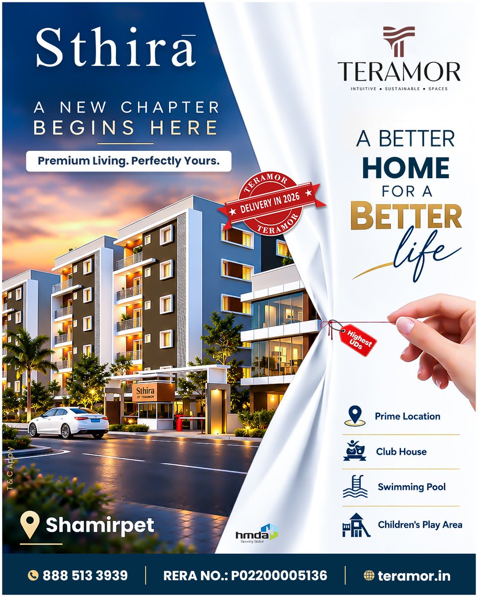 TeramorDev's tweet photo. A New Chapter Begins Here! Discover Sthira by Teramor — premium 2 &amp; 3 BHK homes in Shamirpet, Hyderabad.
Club House | 🏊Swimming Pool |  Children’s Play Area
 Delivery in 2026
📞888 513 3939
🌐 https://t.co/757C6vSWTq
#SthiraByTeramor #TeramorDevelopers #Shamirpet  #2BHK #3BHK https://t.co/U5wvoBqBn5