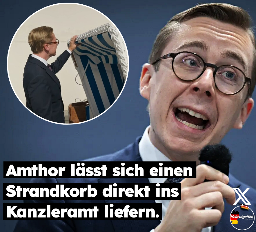 HeimatliebeDE's tweet photo. WAHNSINN!

Urlaubsfeeling im Kanzleramt?
Philipp Amthor (CDU) lässt sich einen Strandkorb direkt ins Kanzleramt liefern.

Nach dem heftigen Absturz der CDU in Mecklenburg-Vorpommern und der Unzufriedenheit der Bürger im Land mit dem Bundeskanzler lässt sich Amthor voller Freude einen Strandkorb im Ostsee-Stil ins Kanzleramt liefern.

Amthor so:
„Wir werden ihn so stellen, dass er schon von hier aus ganz sichtbar ist. Finde ich eigentlich ganz gut.“

Das kann man sich echt alles nicht mehr ausdenken.